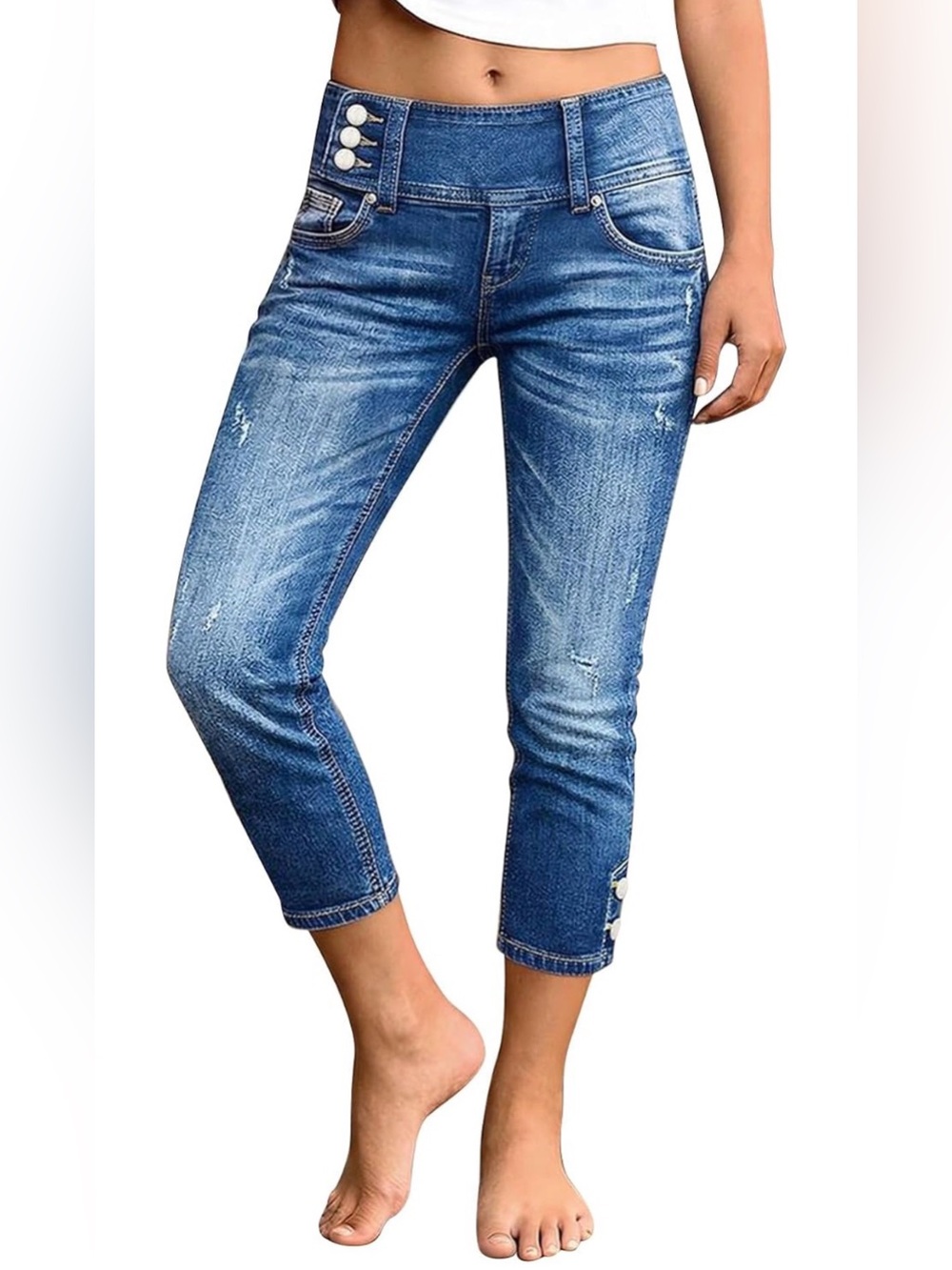 Flamingals Mid Waist Skinny Crop Wash Button Decor Elastic Jeans L PS5-19